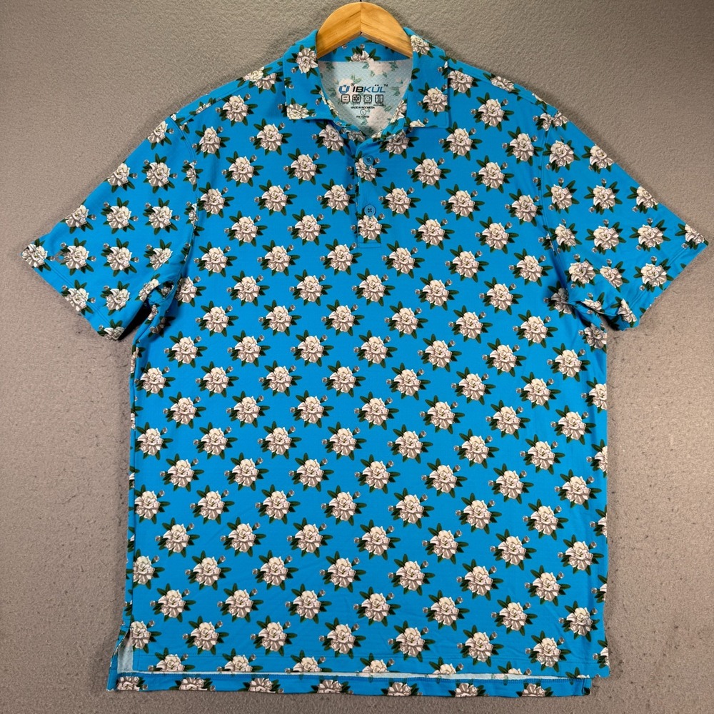 IB KUL Floral Polo Shirt Mens Large Blue Quick Dry Cool‎ Feel UPF 50 Golf Shirt